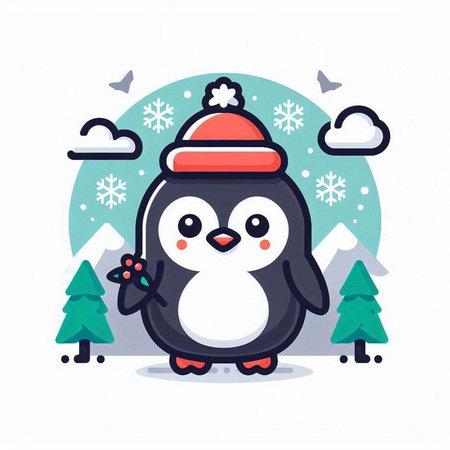 Cute penguin in a hat and scarf. Vector illustration.のイラスト素材