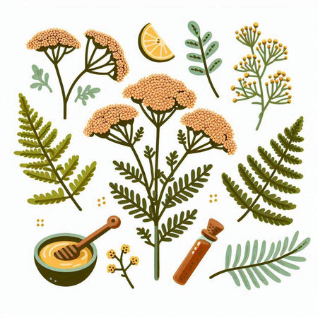Vector set of medicinal herbs and ingredients for tansy. Hand drawn illustration.のイラスト素材