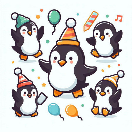 Cute cartoon penguins with party hat, balloons and confetti. Vector illustration.のイラスト素材