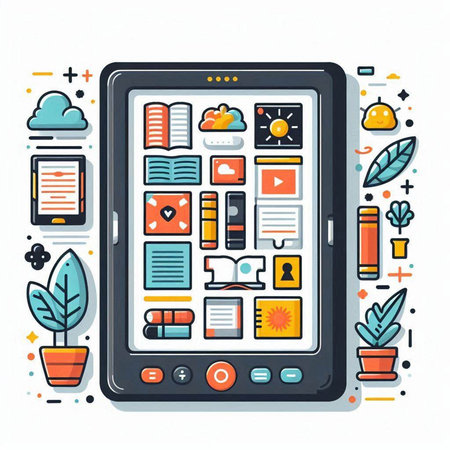 Tablet computer with social media icons. Vector illustration in line art style.のイラスト素材