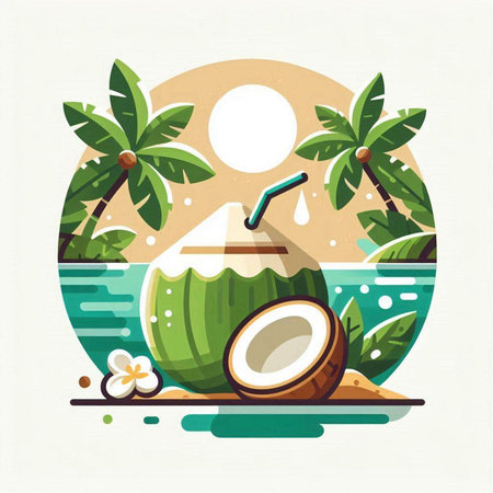 Coconut cocktail on the beach. Flat style vector illustration.のイラスト素材