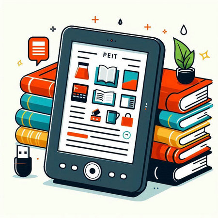 Tablet computer with e-book reader and books. Vector illustration.のイラスト素材