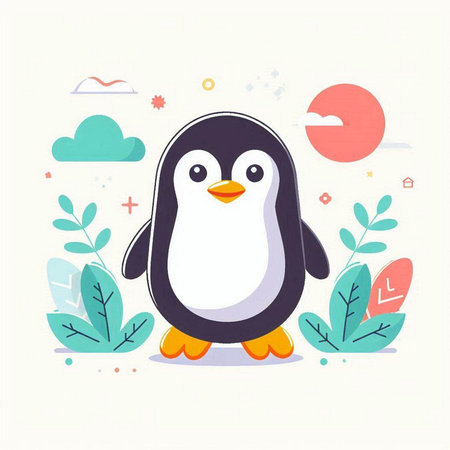 Cute penguin on the background of nature. Vector illustration.のイラスト素材