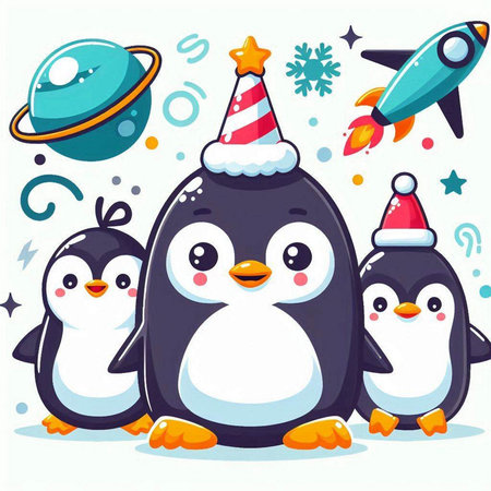 Cute penguins with Santa Claus hat. Vector cartoon illustration.のイラスト素材