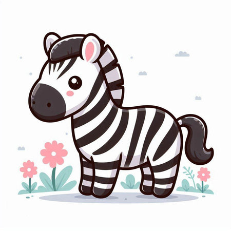 Cute zebra with flowers. Vector illustration in cartoon style.のイラスト素材