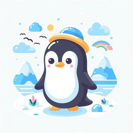 Cute penguin in a hat on the ice. Vector illustrationのイラスト素材