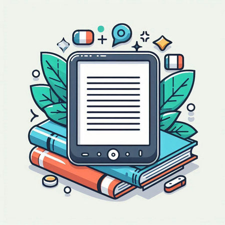 Vector illustration of tablet and books. Line art design for web, site, advertising, banner and print.のイラスト素材