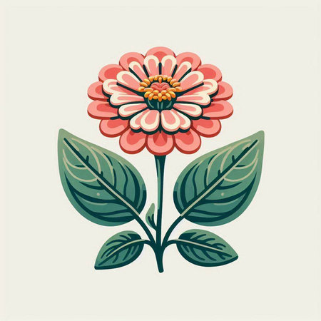 Zinnia flower with leaves, vector illustration in retro style.のイラスト素材