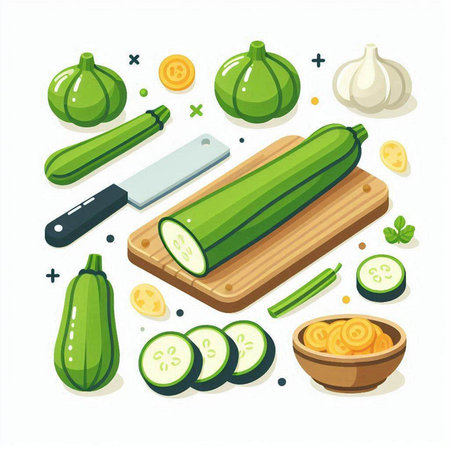 Zucchini and ingredients for cooking. Vector illustration in flat styleのイラスト素材