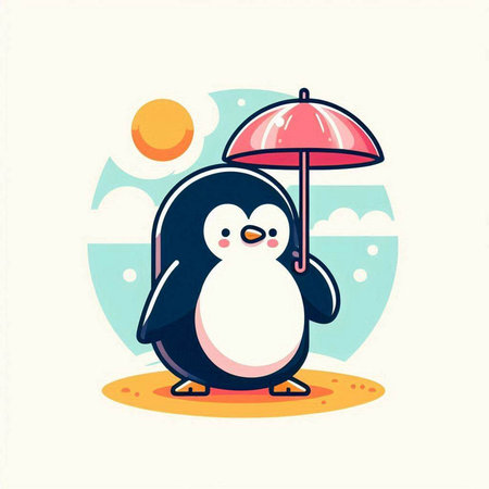 Cute penguin holding an umbrella on the beach. Vector illustrationのイラスト素材