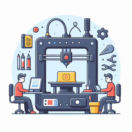 3D printing machine. Vector illustration in a flat style on a blue background.のイラスト素材