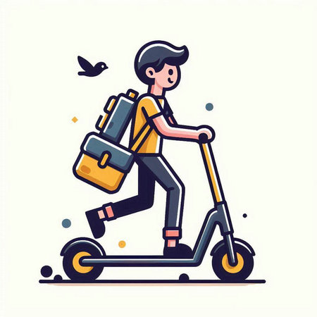 Young man rides scooter with a backpack. Flat vector illustration.のイラスト素材