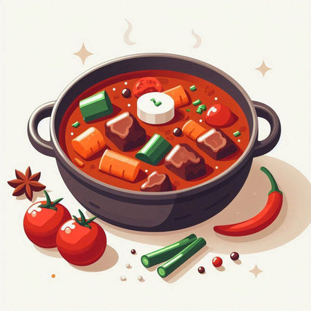Illustration of a cooking pot with beef goulash and vegetablesのイラスト素材