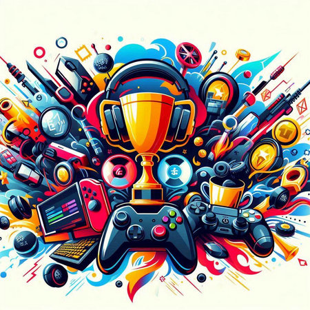 Colorful vector illustration of a gaming concept. Colorful background with gaming equipmentのイラスト素材