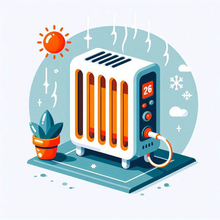 Vector isometric illustration of a heater with a remote control on a white background.のイラスト素材