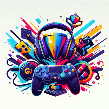 Retro style vector illustration of a retro arcade gamepad with colorful background.のイラスト素材