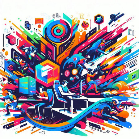 Vector illustration of people working in the office. Abstract colorful background.のイラスト素材
