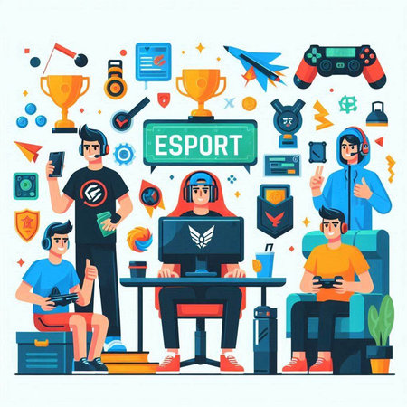 Electronic gamers concept in flat design style. Vector illustration with people playing video gamesのイラスト素材