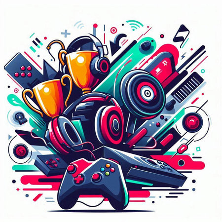 Vector illustration of abstract colorful music background with headphones and gamepad.のイラスト素材