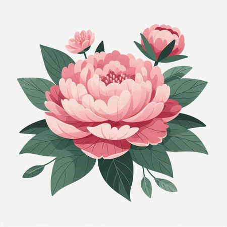Pink peony flower with green leaves. Hand drawn vector illustration.のイラスト素材