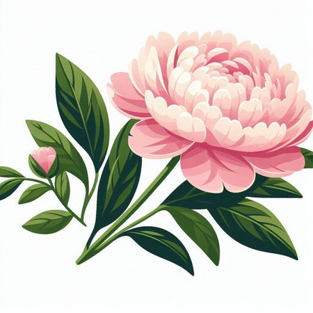 Beautiful pink peony with green leaves isolated on white background. Vector illustration.のイラスト素材