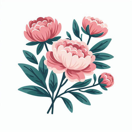 Beautiful pink peony flowers with green leaves. Vector illustration.のイラスト素材