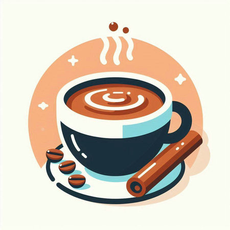Coffee cup with cinnamon and coffee beans. Vector illustration.のイラスト素材