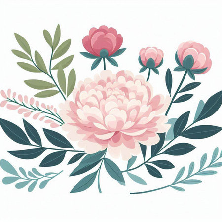 Hand drawn vector illustration of pink peony flowers with green leaves.のイラスト素材