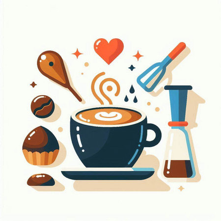 Coffee time. Vector illustration with cup of coffee, spoon, cupcake, spoon, coffee grinder, whisk, hearts.のイラスト素材