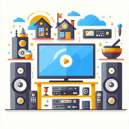 Home entertainment flat design concept. TV, tv, home stereo, speakers, cup of coffee and other things. Vector illustrationのイラスト素材