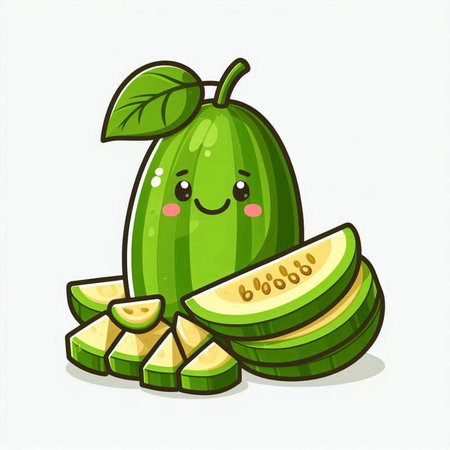 Cute kawaii green guava fruit character. Vector illustrationのイラスト素材