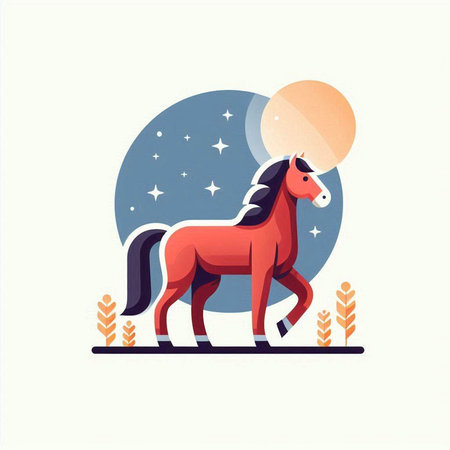 Vector illustration of a red horse in the sky. Flat style design.のイラスト素材