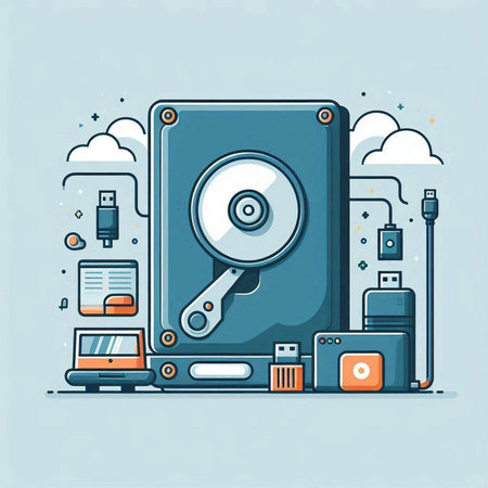 Vector illustration of hard disk drive and accessories in flat line art style.のイラスト素材