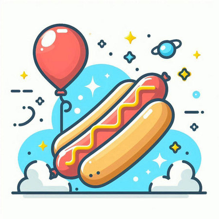 Hot dog with balloons and stars. Fast food. Vector illustration.のイラスト素材