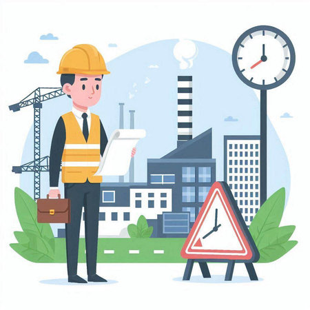 Engineer with helmet and safety vest in front of factory. Vector illustrationのイラスト素材