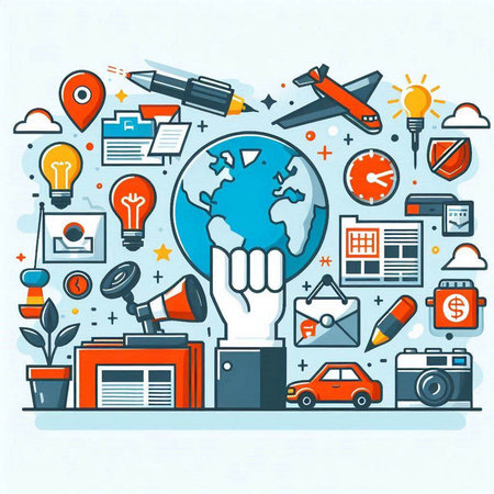 Flat line design concept of global communication and social network. Vector illustrationのイラスト素材