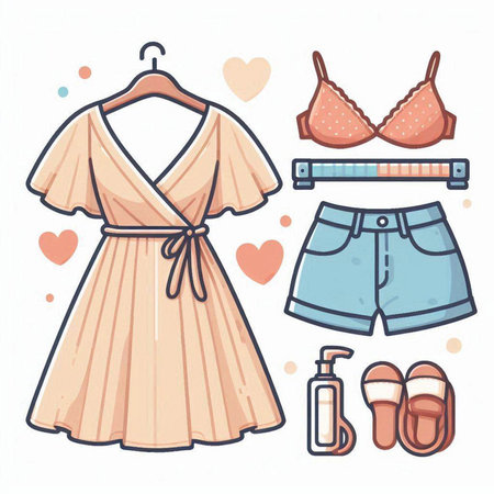 Set of summer clothes. Vector illustration in doodle style.のイラスト素材