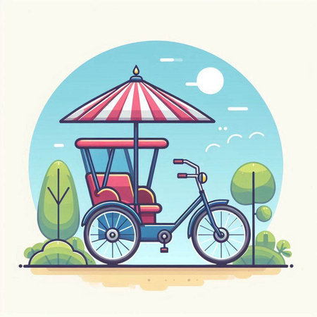 Tricycle in the park. Vector illustration in flat style.のイラスト素材