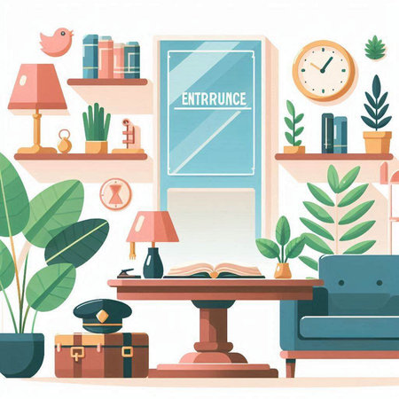Interior of living room with furniture and plants. Flat style vector illustration.のイラスト素材