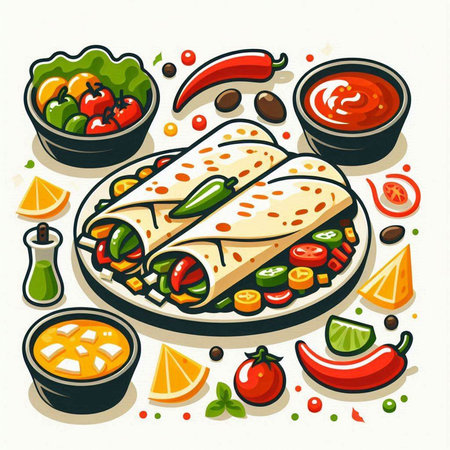 Mexican food. Vector illustration of tortilla wrap with meat, vegetables, cheese, sauce.のイラスト素材