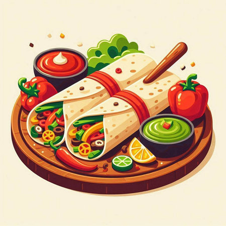 Mexican burrito with vegetables and sauce on wooden board. Vector illustrationのイラスト素材