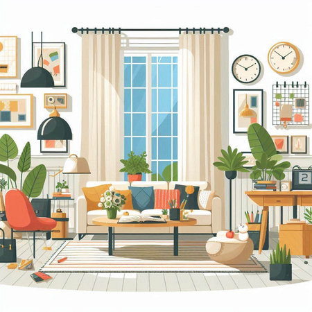Living room interior with furniture, sofa, armchair, coffee table, bookshelf, potted plants and clocks. Vector illustration.のイラスト素材