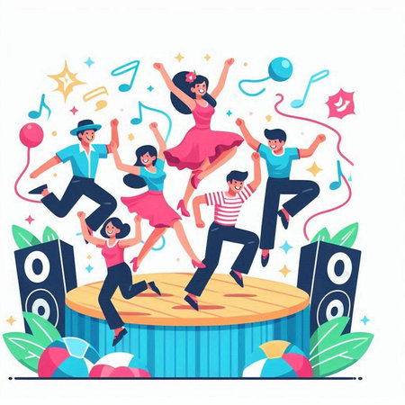 Happy people dancing on stage. Vector flat cartoon illustration. Birthday party concept.のイラスト素材