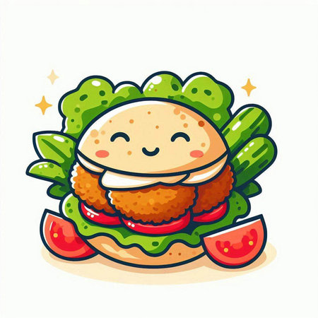 Cute fast food illustration of hamburger with lettuce and tomato.のイラスト素材