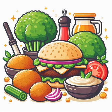 Vegetarian food, hamburger and ingredients. Vector illustration.のイラスト素材