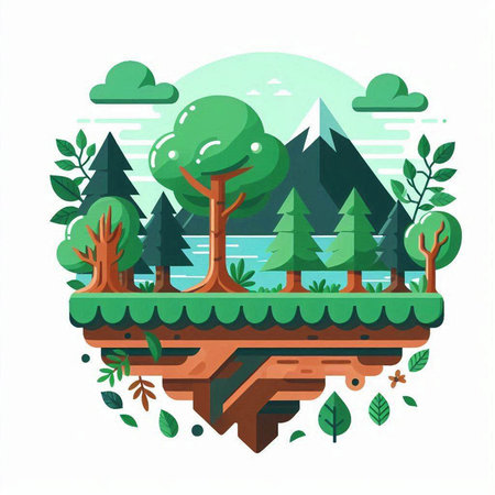 Vector illustration of a green forest with trees and mountains in flat styleのイラスト素材