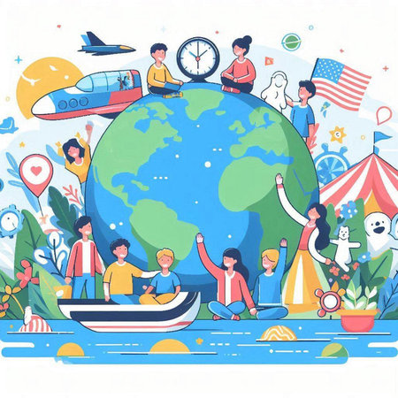 People traveling around the world. Vector illustration in flat cartoon style.のイラスト素材