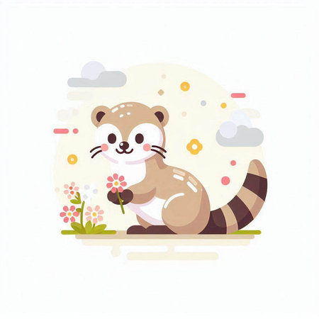 Cute raccoon sitting on the grass with flowers. Vector illustration.のイラスト素材
