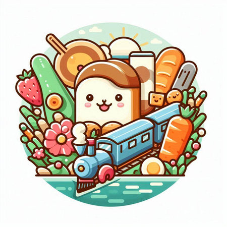 Vector illustration of cute kawaii cartoon food character with train.のイラスト素材