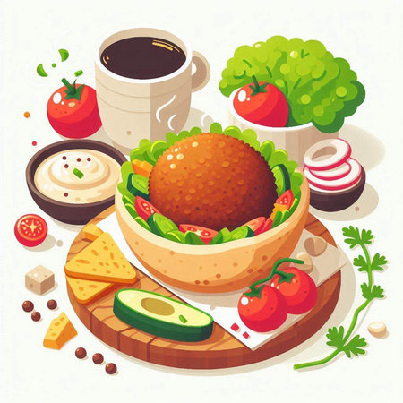 Vegetarian lunch. Vector illustration of hamburger with vegetables.のイラスト素材